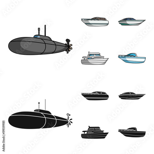 A military submarine, a speedboat, a pleasure boat and a spirit boat.Ships and water transport set collection icons in cartoon,black style vector symbol stock illustration web.