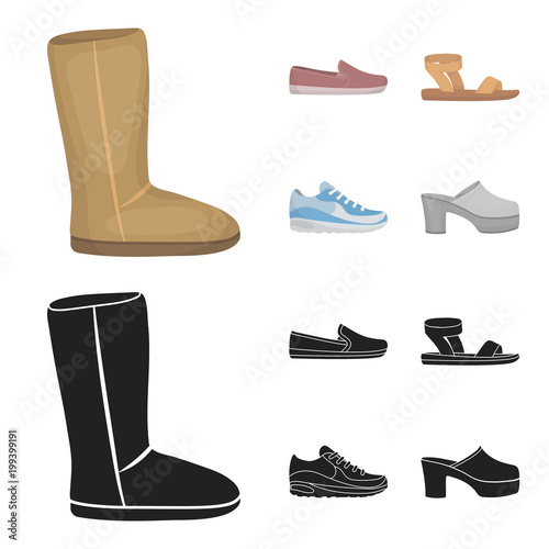 Beige ugg boots with fur, brown loafers with a white sole, sandals with a fastener, white and blue sneakers. Shoes set collection icons in cartoon,black style vector symbol stock illustration web.