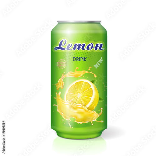 Lemon drink contained in metallic can realistic