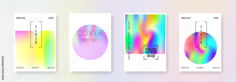 Holographic flyer set. Abstract backgrounds. Vintage holographic flyer with gradient mesh. 90s, 80s retro style. Iridescent graphic template for book, annual, mobile interface, web app.