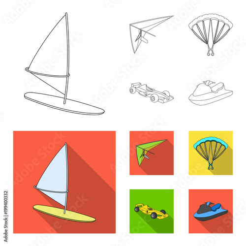 Hang glider, parachute, racing car, water scooter.Extreme sport set collection icons in outline,flat style vector symbol stock illustration web.