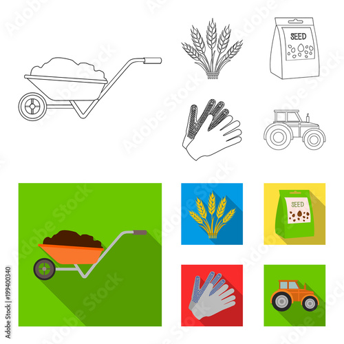 Spikelets of wheat, a packet of seeds, a tractor, gloves.Farm set collection icons in outline,flat style vector symbol stock illustration web.