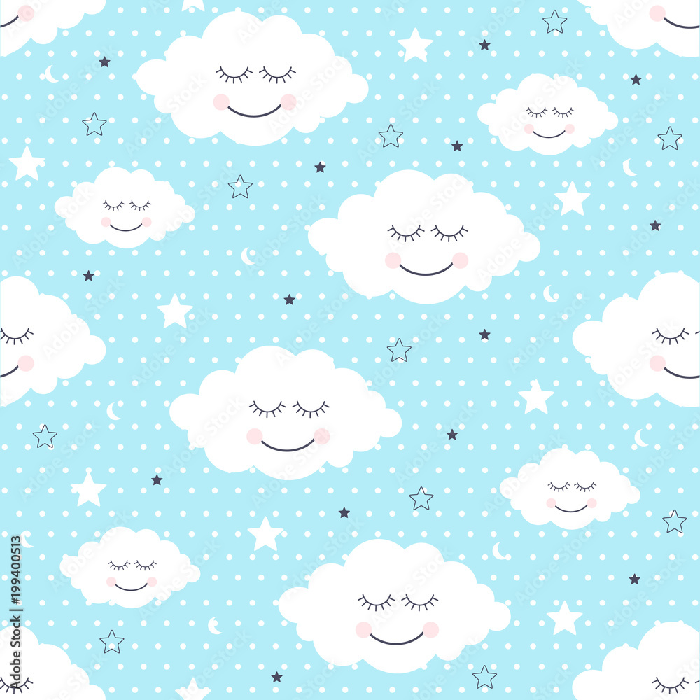 Seamless pattern with smiling sleeping clouds and stars. Vector illustration