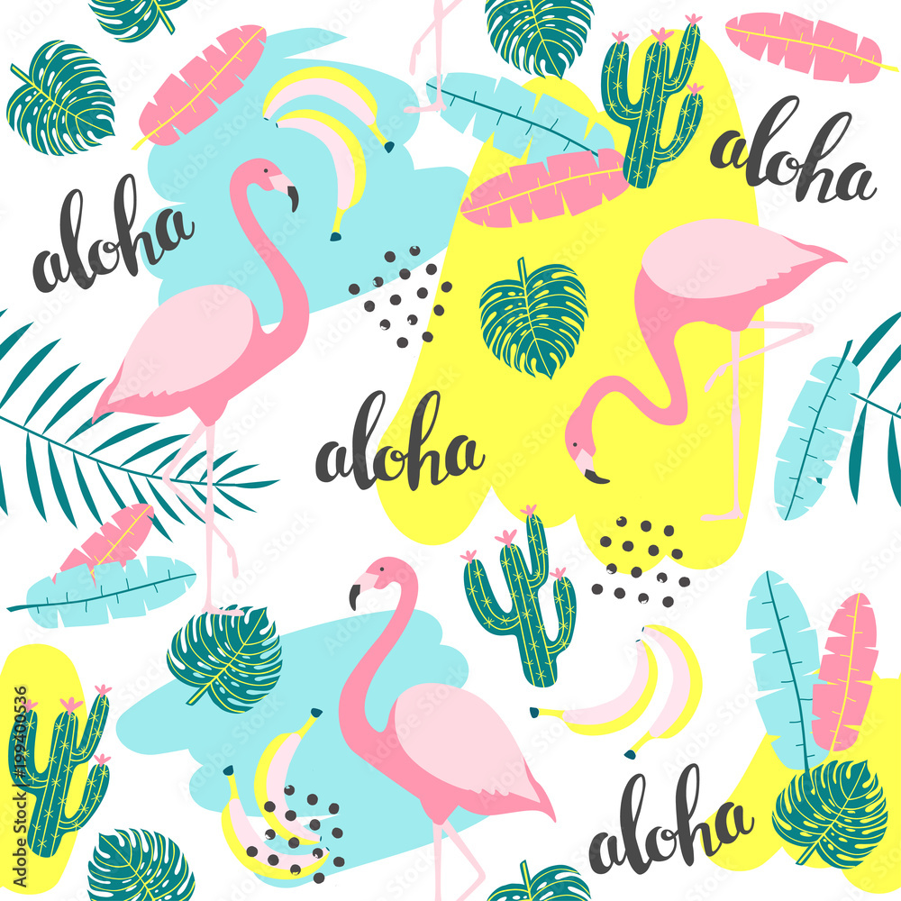 Fototapeta premium Tropical seamless pattern with flamingo and exotic leaves. Vector illustration