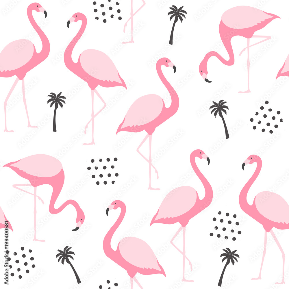 Fototapeta premium Tropical seamless pattern with flamingo and exotic leaves. Vector illustration