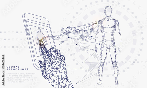 Innovations systems connecting people and robots devices. Future technologies in automatics cyborg systems and computers industry from awesome internet developments. Geometry style with linear pictogr