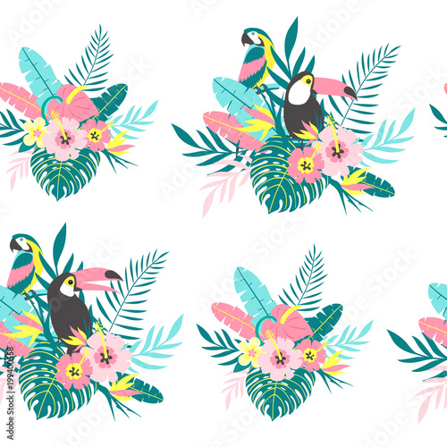 Tropical seamless pattern with toucans, parrot, exotic leaves and flowers. Vector illustration