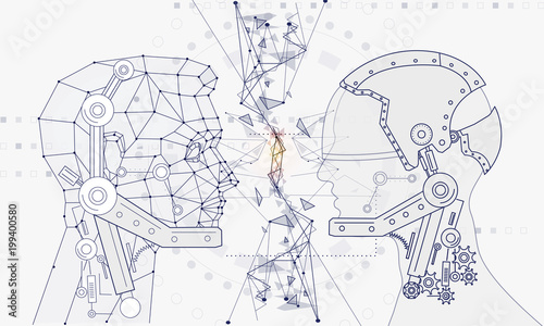 Innovations systems connecting people and robots devices. Future technologies in automatics cyborg systems and computers industry from awesome internet developments. Geometry style with linear pictogr