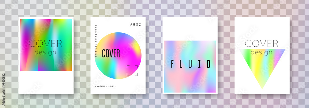 Geometric cover set. Abstract backgrounds. Spectrum geometric cover with gradient mesh 90s, 80s retro style. Pearlescent graphic template for book, annual, mobile interface, web app.