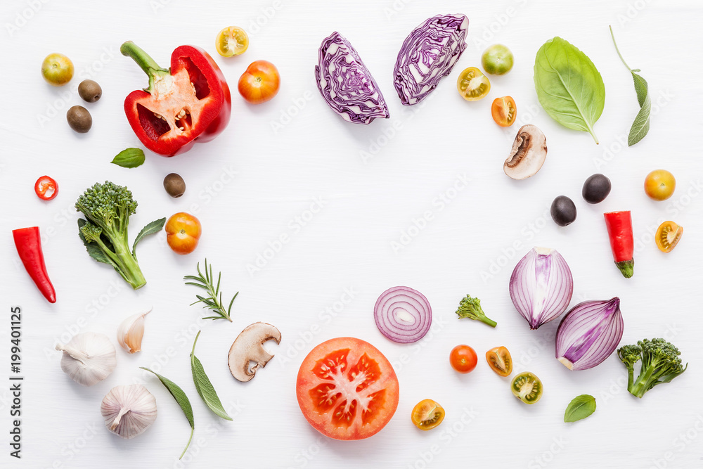 Various fresh vegetables and herbs on white background.Ingredients for cooking concept sweet basil ,tomato ,garlic ,pepper and onion with flat lay.. - obrazy, fototapety, plakaty 