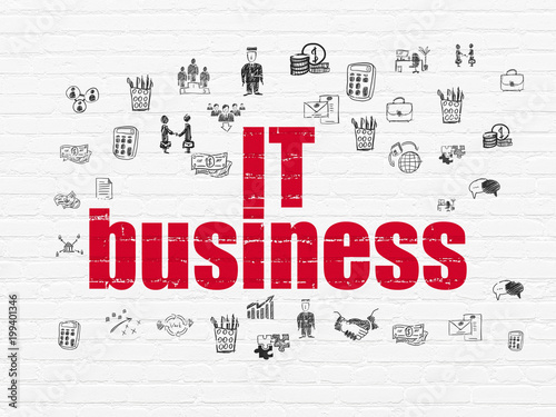 Finance concept  Painted red text IT Business on White Brick wall background with  Hand Drawn Business Icons