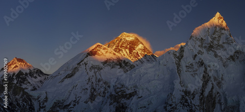 Everest and Nuptse summits at sunset or sunrise