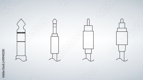 Linear design data, video and audio data cable connectors. vector design element set. 6,35 mm and 3,5 mm Headphone output, RCA analogue, optical output.