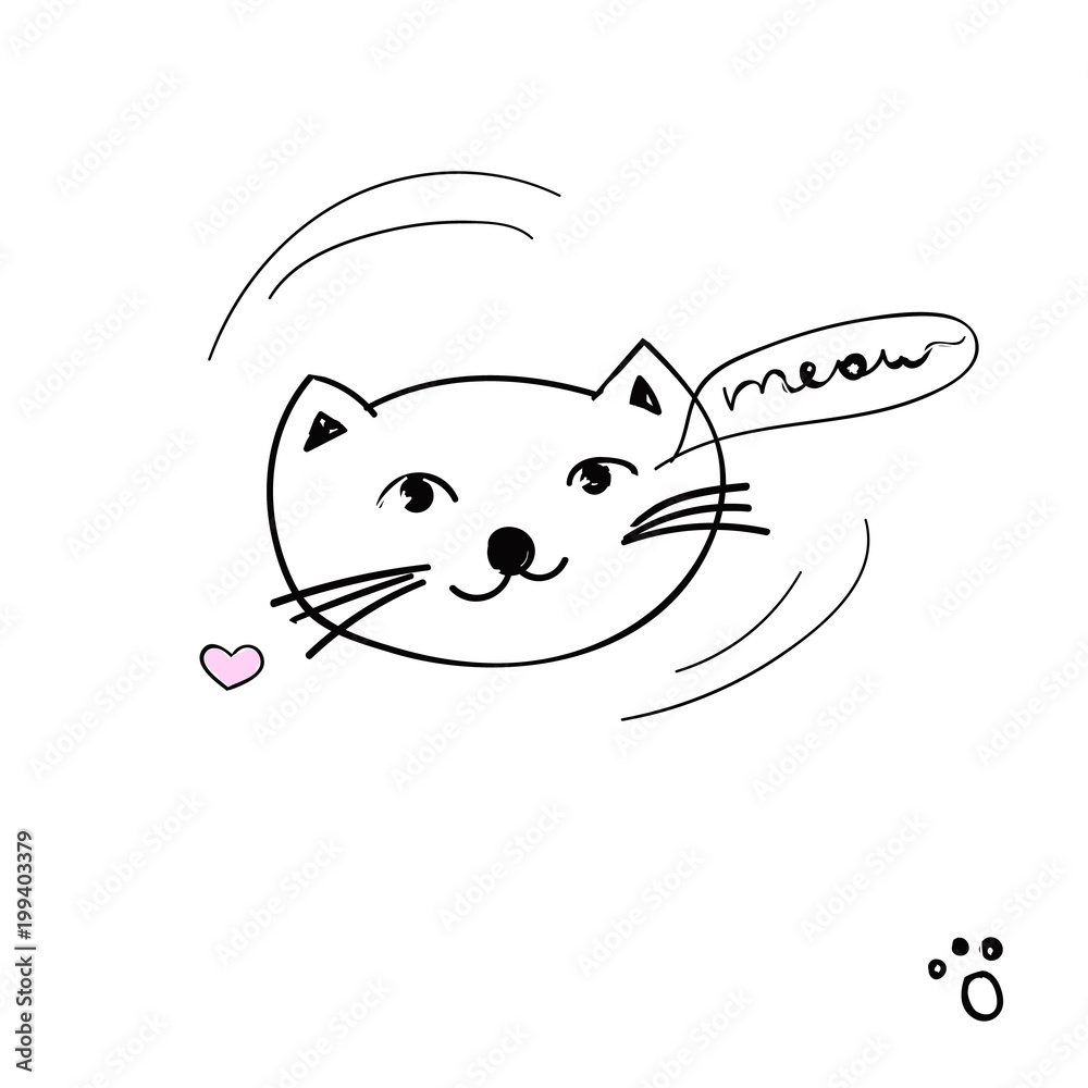 Pretty kitten with lettering - Meow. Vector cute fashion cat illustration and text on a white background. Pretty kitten with lettering - Meow. Vector cute fashion cat illustration and text on a white background.