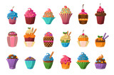 Sweet cupcakes big set, creamy pastries decorated with waffles, candies, strawberry, cherry, chocolate vector illustration
