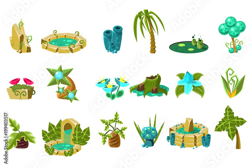 Fabulous flowers, trees, flowers, stones, design elements of fantasy landscape, world of trolls, gnomes vector Illustration