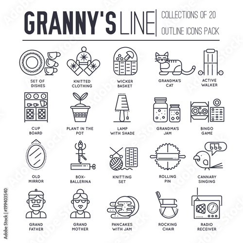 Grannys day thin line icons design illustration set. Flat outline old character people and adult items background concept. Vector elderly grandmother and grandfather house 