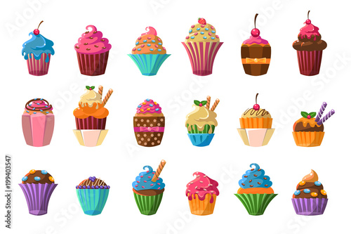 Sweet cupcakes big set, creamy pastries decorated with waffles, candies, strawberry, cherry, chocolate vector illustration