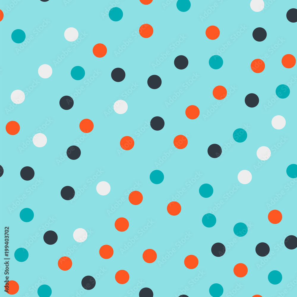 Colorful polka dots seamless pattern on bright 17 background. Captivating classic colorful polka dots textile pattern. Seamless scattered confetti fall chaotic decor. Abstract vector illustration.