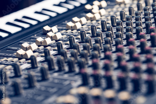 professional recording studio equipment, audio mixing console & midi keyboard synthesizer