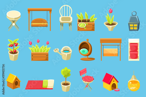Gardening tools and decorative elements, elements for work and leisure in the garden vector illustration