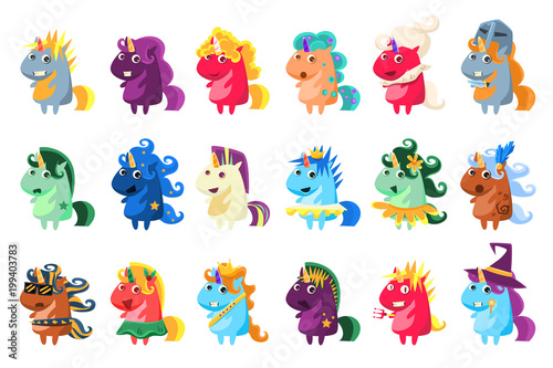 Magic unicorn big set, colorful unicorns with different emotions vector illustration
