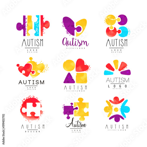 Vector set of multi-colored logo for Autism Awareness Day. Design for postcards, wellness centers, organizations helping people with Down Syndrome