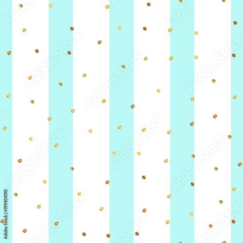 Golden dots seamless pattern on blue striped background. Splendid gradient golden dots endless random scattered confetti on blue striped background. Confetti fall chaotic decor. © Begin Again