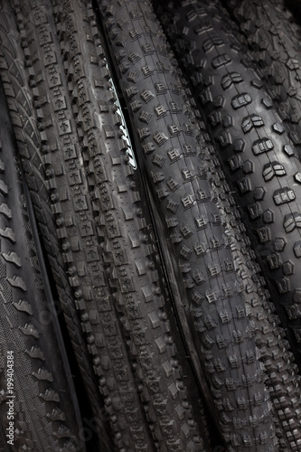 Modern mountain bike tire. Element of bicycle. Large selection of tires