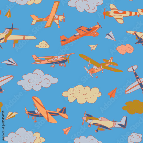 Retro planes in different trendy colors seamless pattern. Flat design illustration. Good colors. Very easy to edit.