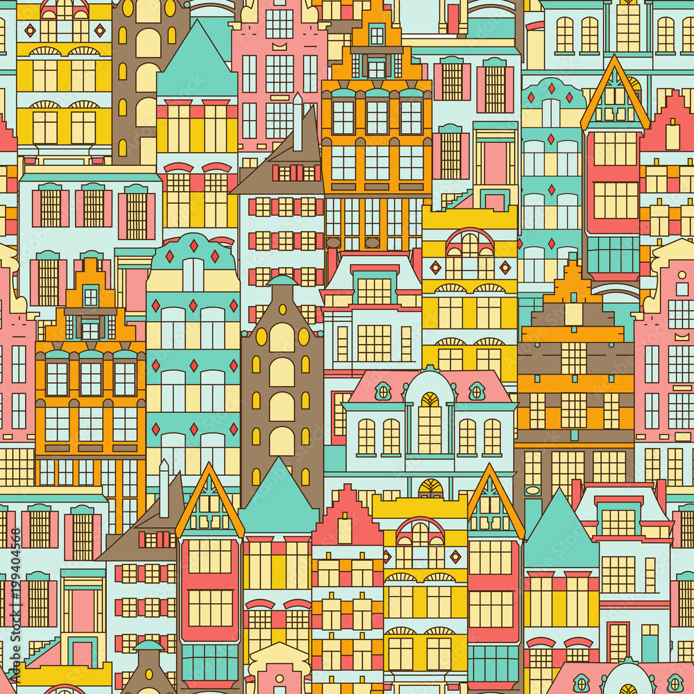 Color sketch of the panorama of the city. Vintage cute houses. Drawing by hand. Vector illustration. Seamless pattern.