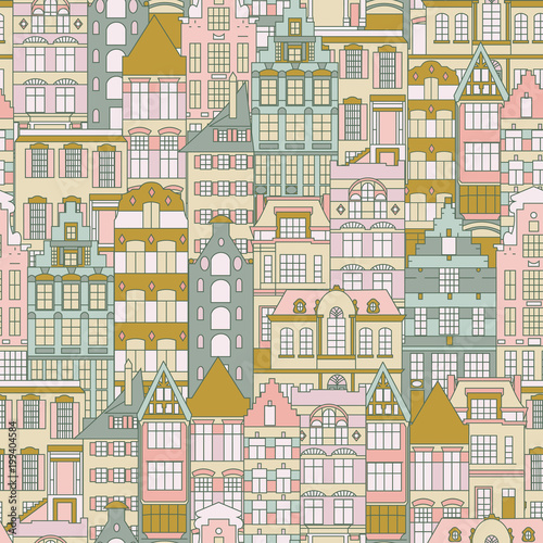 Color sketch of the panorama of the city. Vintage cute houses. Drawing by hand. Vector illustration. Seamless pattern.