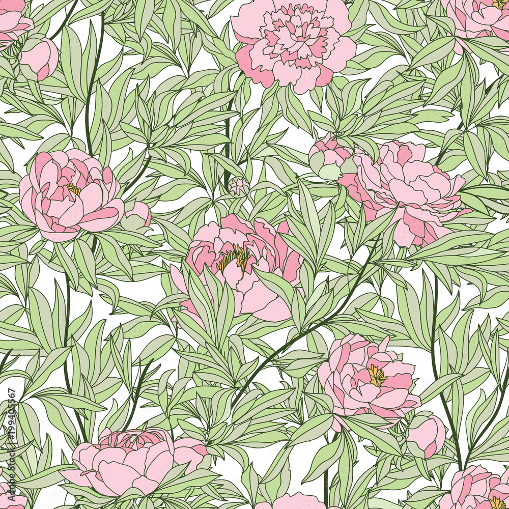 Seamless pattern with peonies and many green leaves on a white background. Seamless pattern with peonies and many green leaves on a white background.