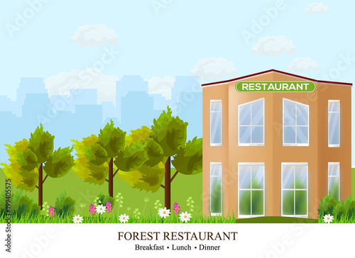 Vector Facade Restaurant architecture. Beautiful building in the forest