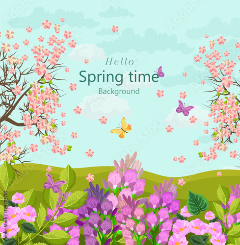Spring time card with flowers Vector. floral background Flat styles