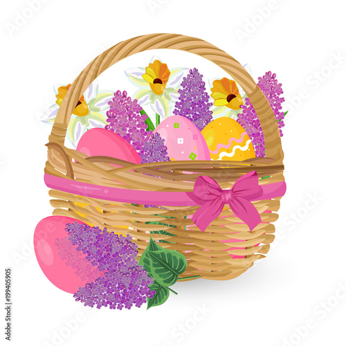 Lilac flowers and eggs in a basket Vector. Easter holiday elements