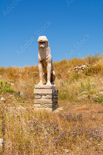 Terrace of the Lions, the famous symbol of Archaeological Site of Delos, Delos Island, Cyclades, Greece photo