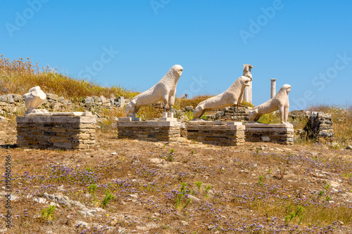 Terrace of the Lions, the famous symbol of Archaeological Site of Delos, Delos Island, Cyclades, Greece photo