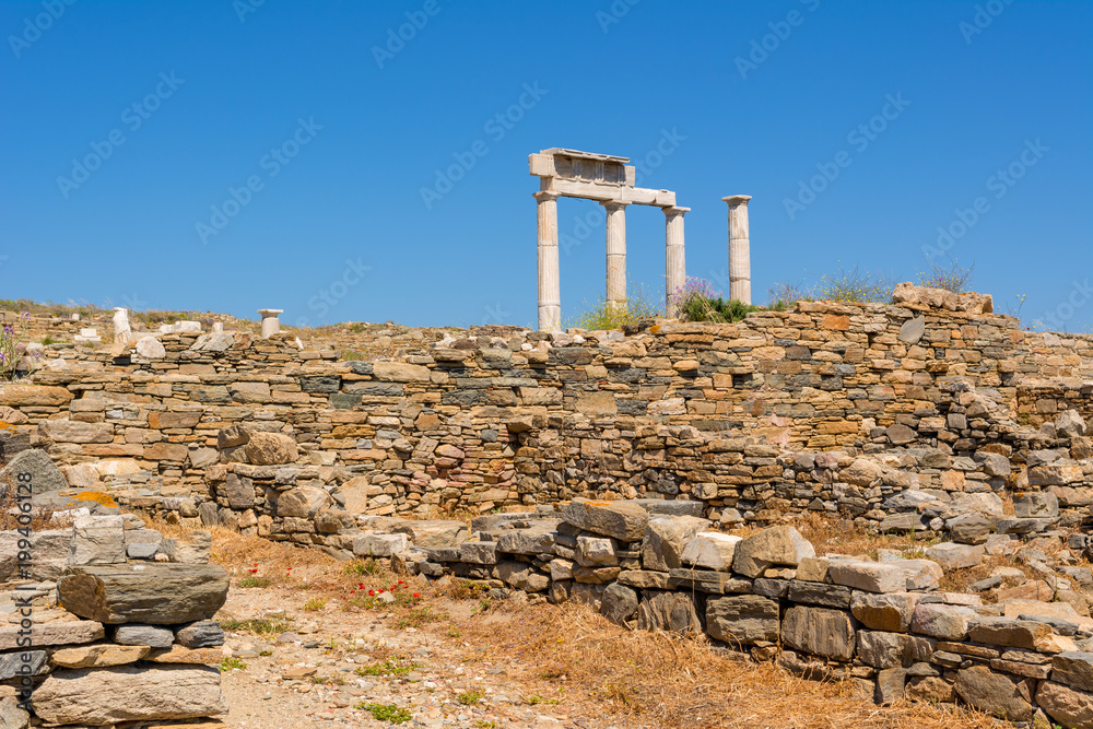 The Temple of Apollo ruins in the Archeologic Site of Delos island, Cyclades, Greece