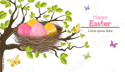 Easter holiday card with Eggs nest Vector. Spring themes