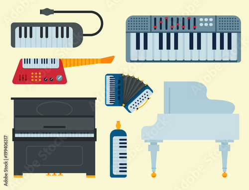 Keyboard musical vector instruments isolated classical melody studio acoustic shiny musician equipment and orchestra piano composer electronic sound tool. Classic song chord concert entertainment