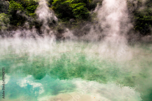 A close view of the jade-like hot spring at Beitou Thermal Valley, which is releasing sulphuric steam. The Geothermal Valley is over 80 degrees Celsius hot.