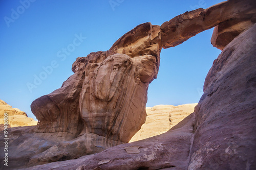 Wadi Ram desert. Rock arch. Stone bridge. Jordan landmark