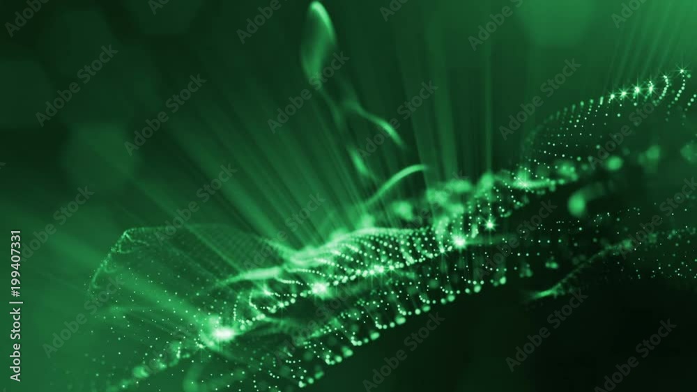 Virtual space with depth of field. Looped holographic background with particles form lines, surfaces, grid. Green ver.7