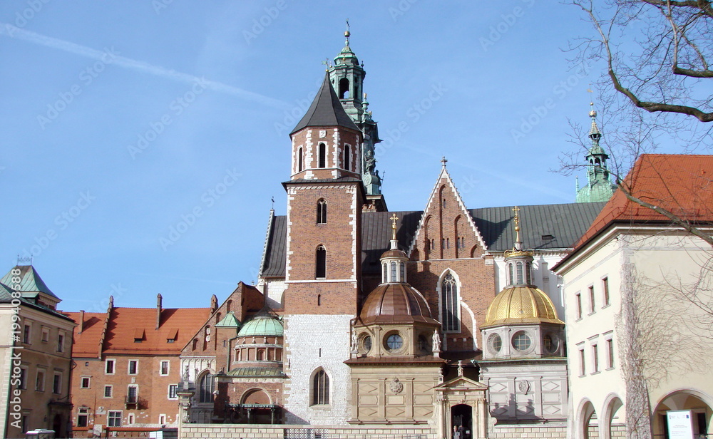 View of the historical monuments of European art of the Middle Ages in the city of Krakow.