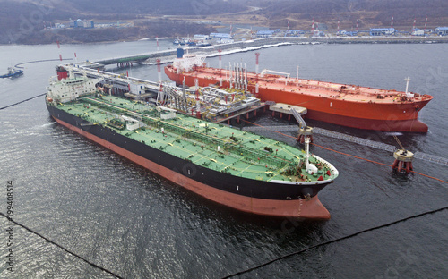 Aerial view of Oil tanker ship loading in port,