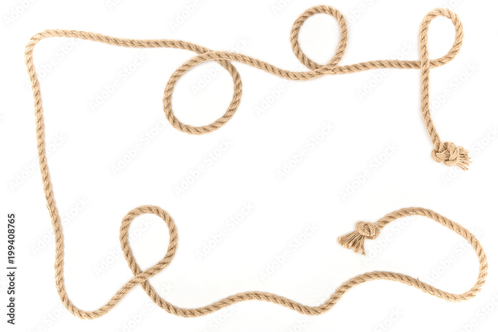 top view of brown nautical rope with knots isolated on white top view of brown nautical rope with knots isolated on white