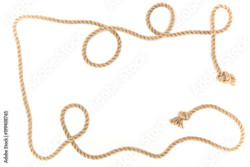 top view of brown nautical rope with knots isolated on white