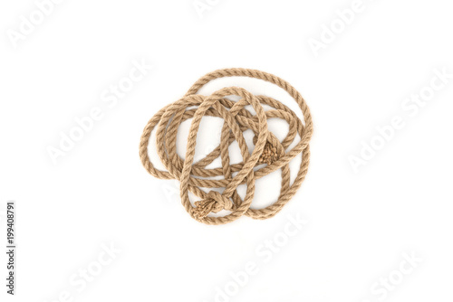 top view of nautical rope with knots isolated on white
