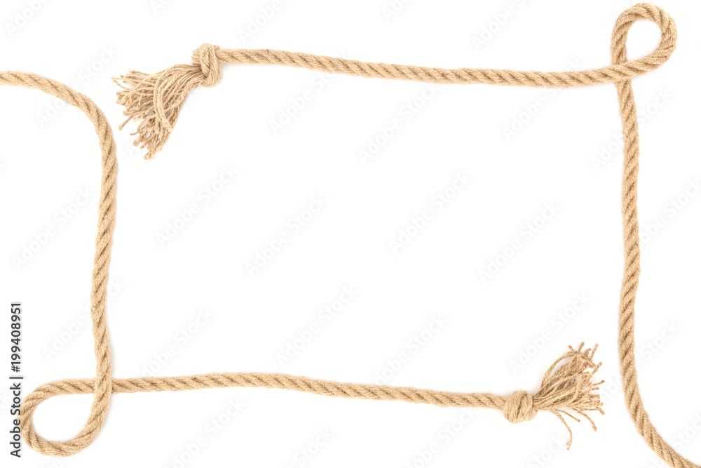 top view of arranged nautical ropes with knots isolated on white top view of arranged nautical ropes with knots isolated on white